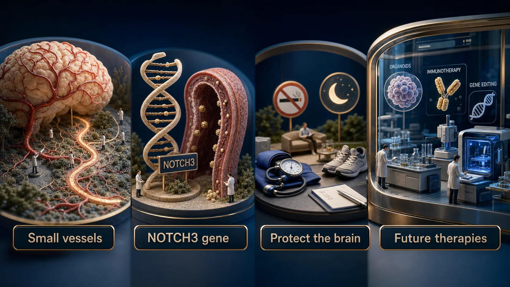 Diorama médico em quatro cenas mostrando gene NOTCH3, pequenos vasos cerebrais, prevenção vascular e futuro da pesquisa em CADASIL