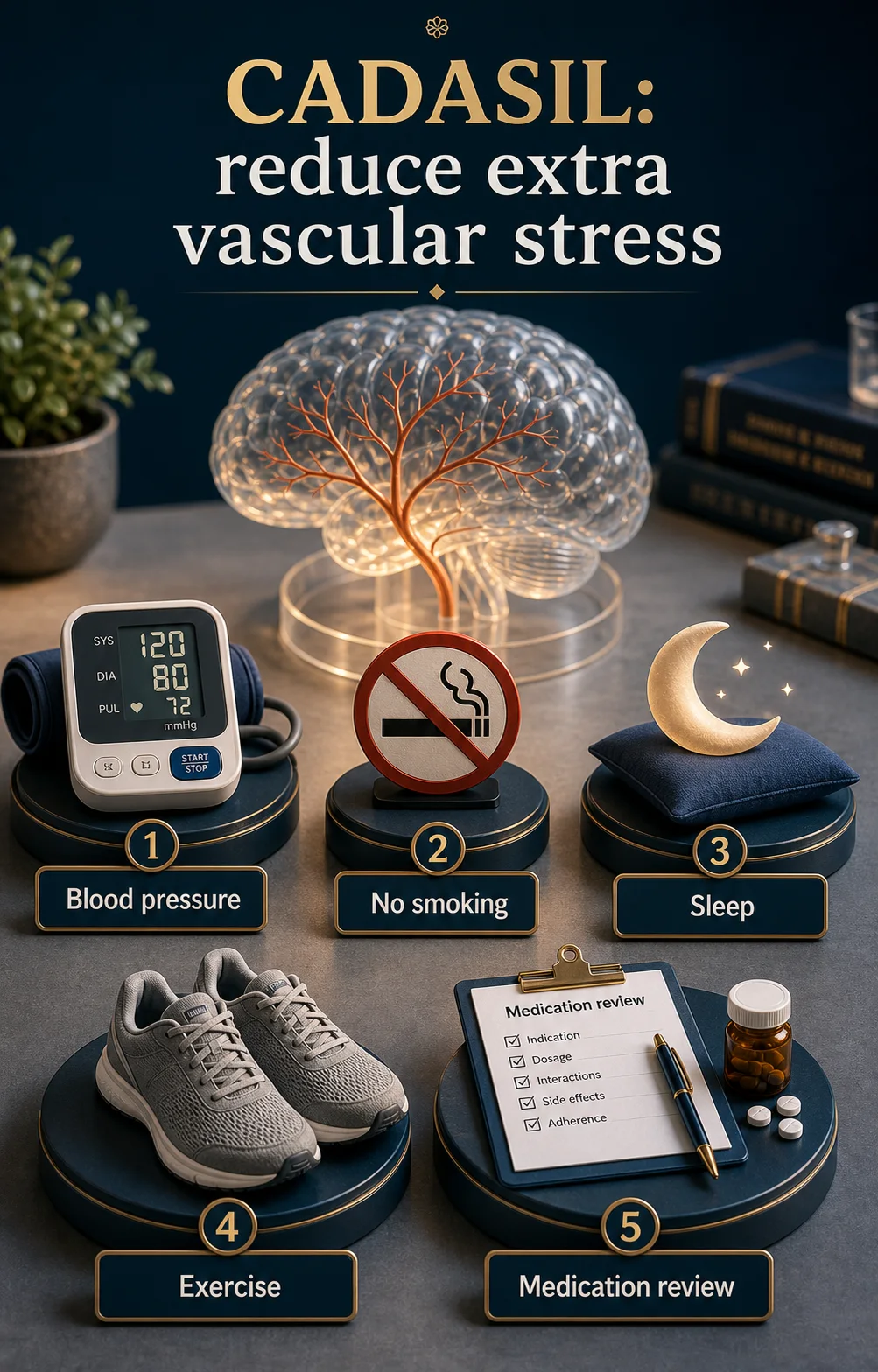Diorama médico mostrando prevenção vascular em CADASIL com pressão arterial, sono, exercício, tabagismo e revisão de medicamentos
