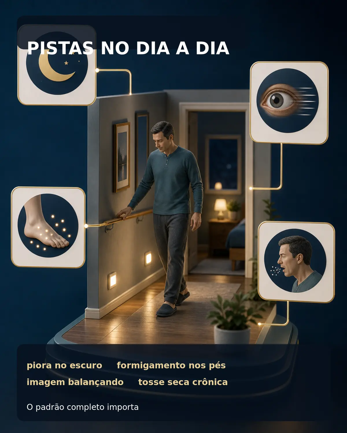 Diorama médico mostrando pistas da CANVAS no dia a dia, como piora no escuro, formigamento, oscilopsia e tosse seca