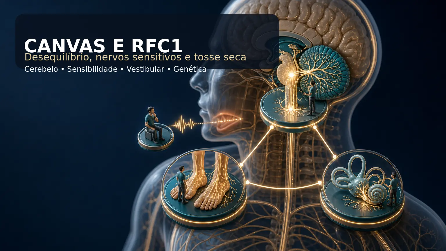 Diorama médico mostrando cerebelo, nervos sensitivos, sistema vestibular e tosse seca crônica na síndrome CANVAS
