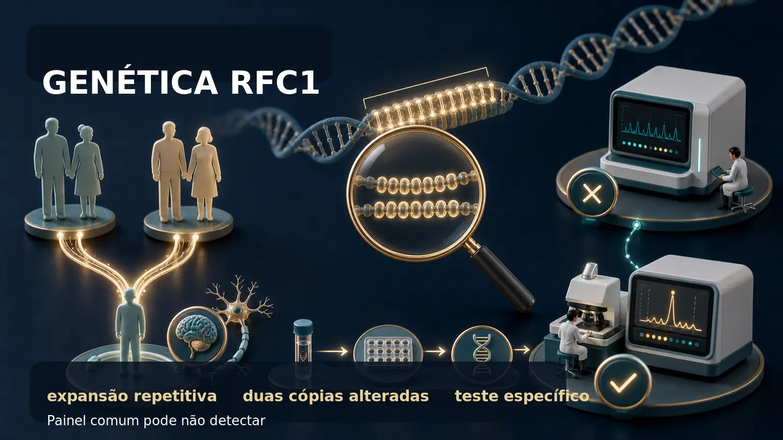 Diorama de genética médica explicando expansão repetitiva no RFC1 e necessidade de teste específico