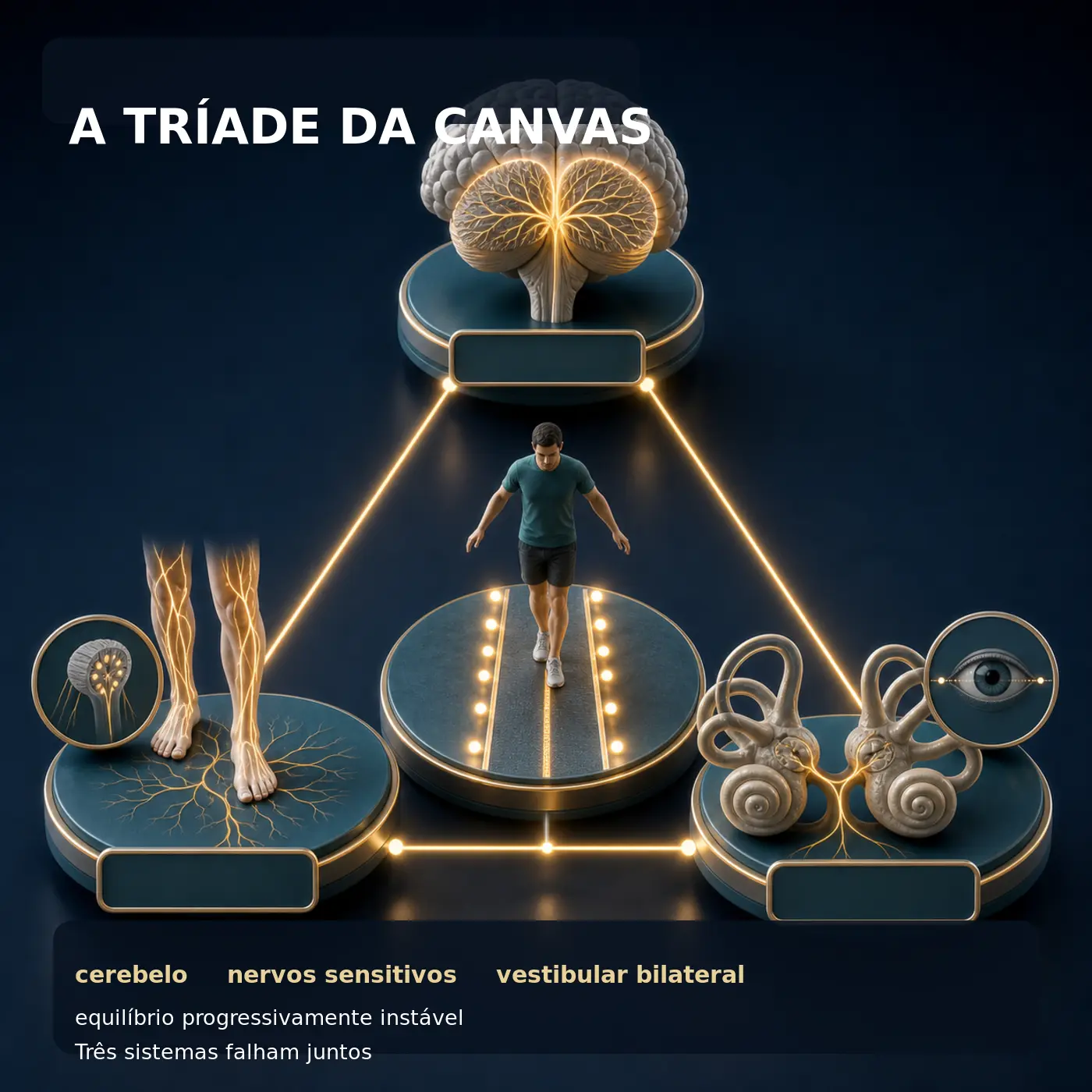 Diorama em tríade mostrando cerebelo, nervos sensitivos e sistema vestibular bilateral na CANVAS