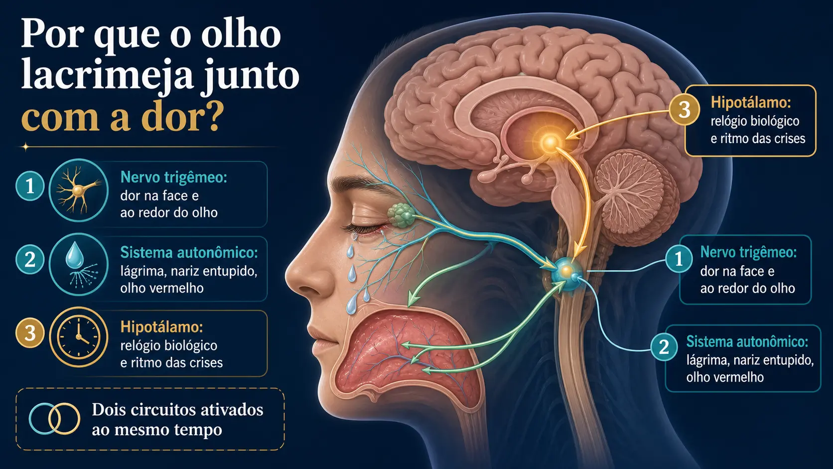 Ilustração explicando ativação do nervo trigêmeo, sistema autonômico e hipotálamo