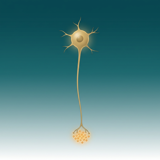 Ilustração minimalista de neurônio dopaminérgico em fundo degradê azul-petróleo, estilo editorial médico