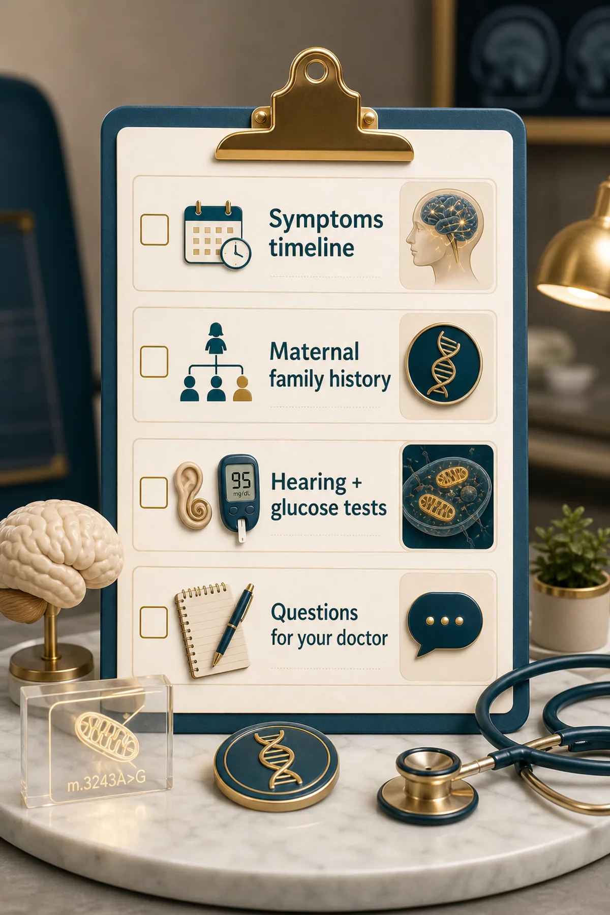 Checklist visual para consulta: sintomas, exames, família materna, perguntas e segurança