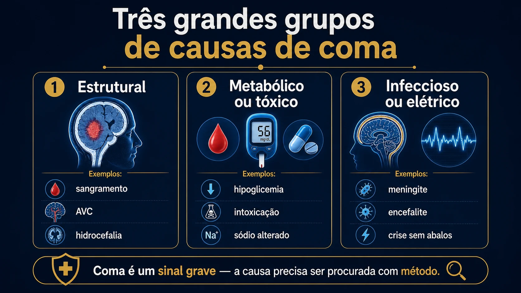 Infográfico com texto mostrando os três grandes grupos de causas de coma: estrutural, metabólico-tóxico e infeccioso-elétrico