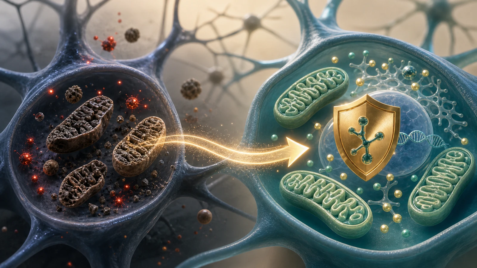 Diorama médico mostrando frataxina reduzida, disfunção mitocondrial, estresse oxidativo e ativação da via Nrf2 pela omaveloxolona