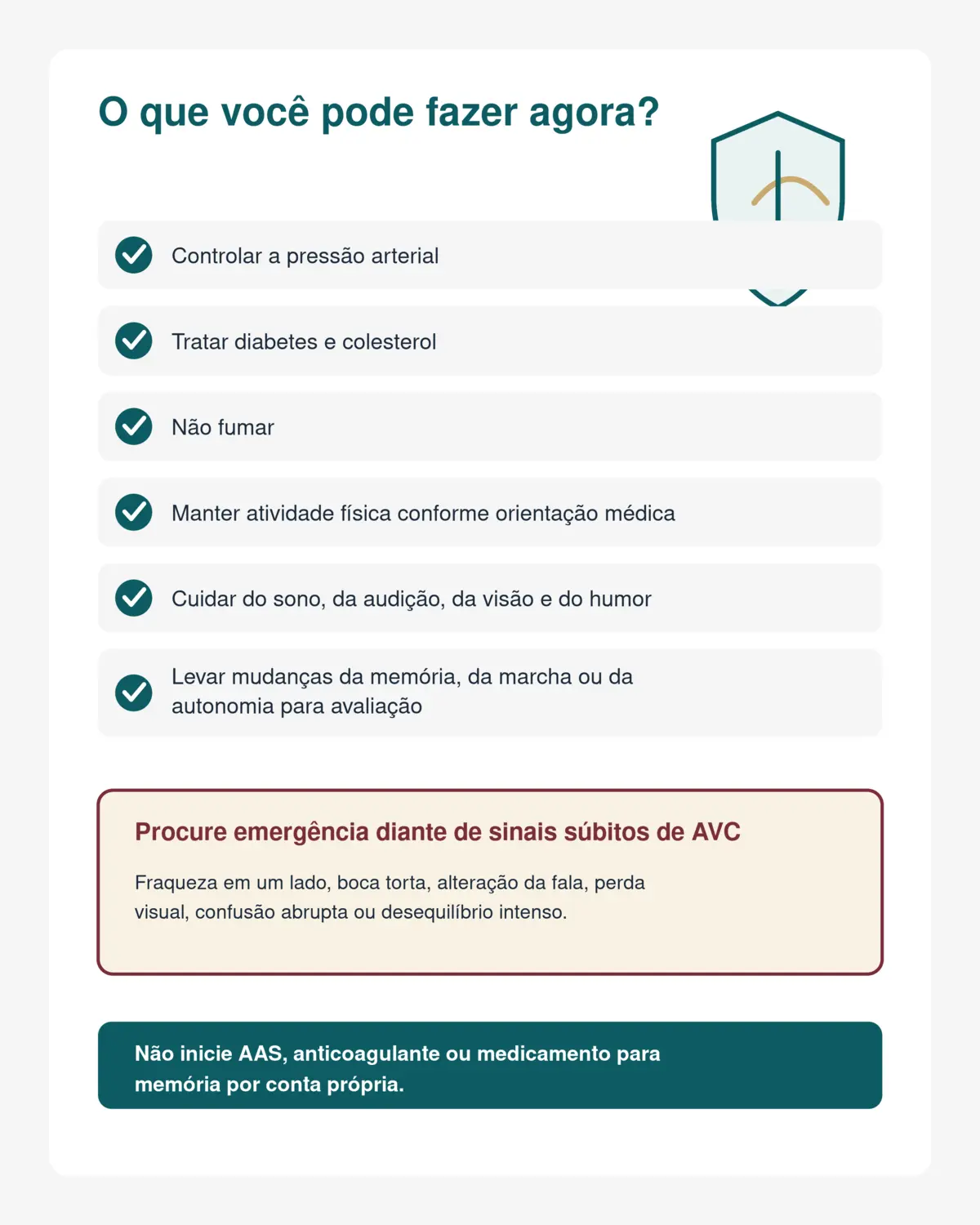 Infográfico com ações para proteção cerebral, incluindo controle da pressão, diabetes, colesterol, atividade física e reconhecimento de sinais de AVC