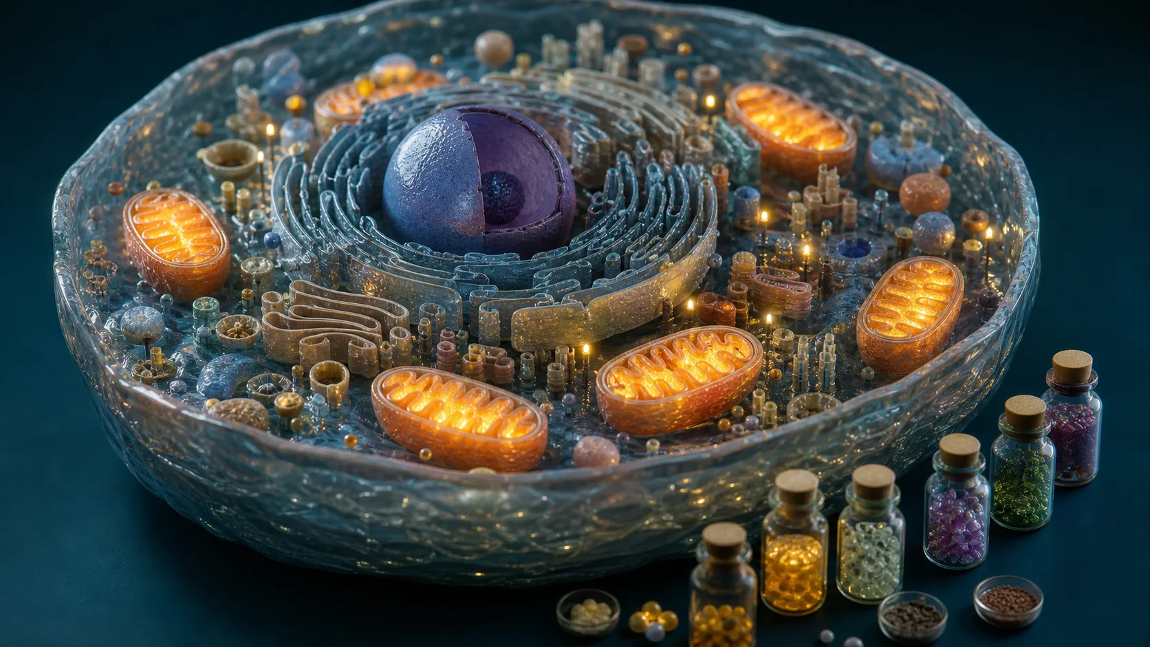 Diorama médico mostrando a célula como uma cidade de energia mitocondrial