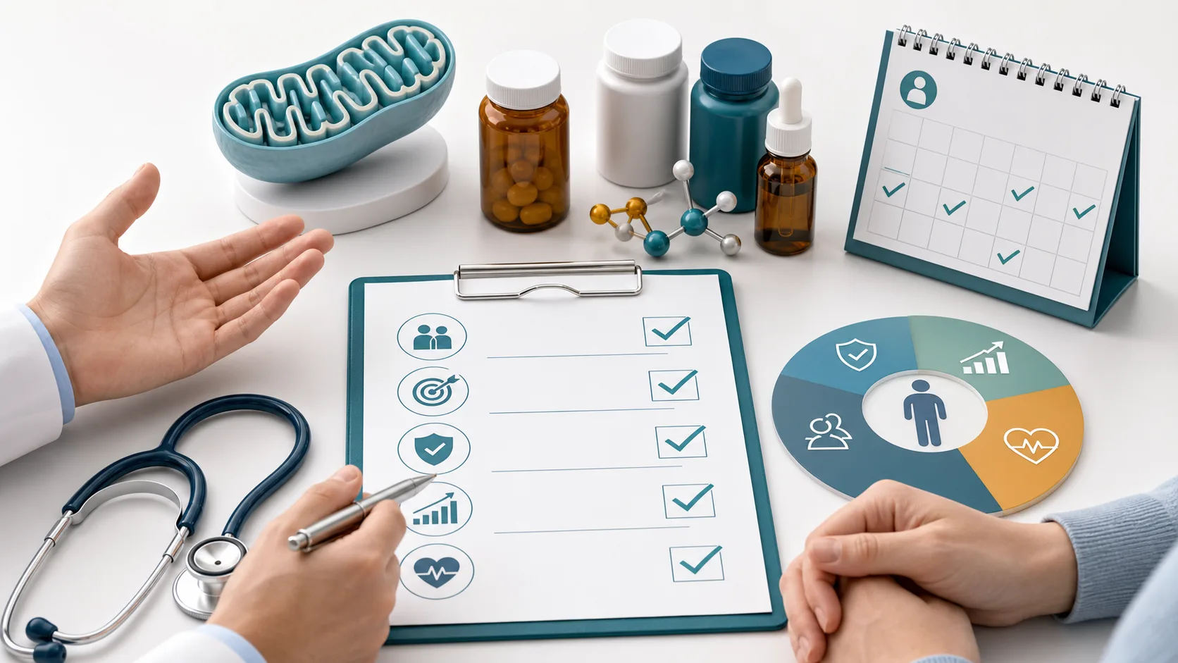Infográfico com perguntas práticas para levar à consulta sobre coquetel mitocondrial