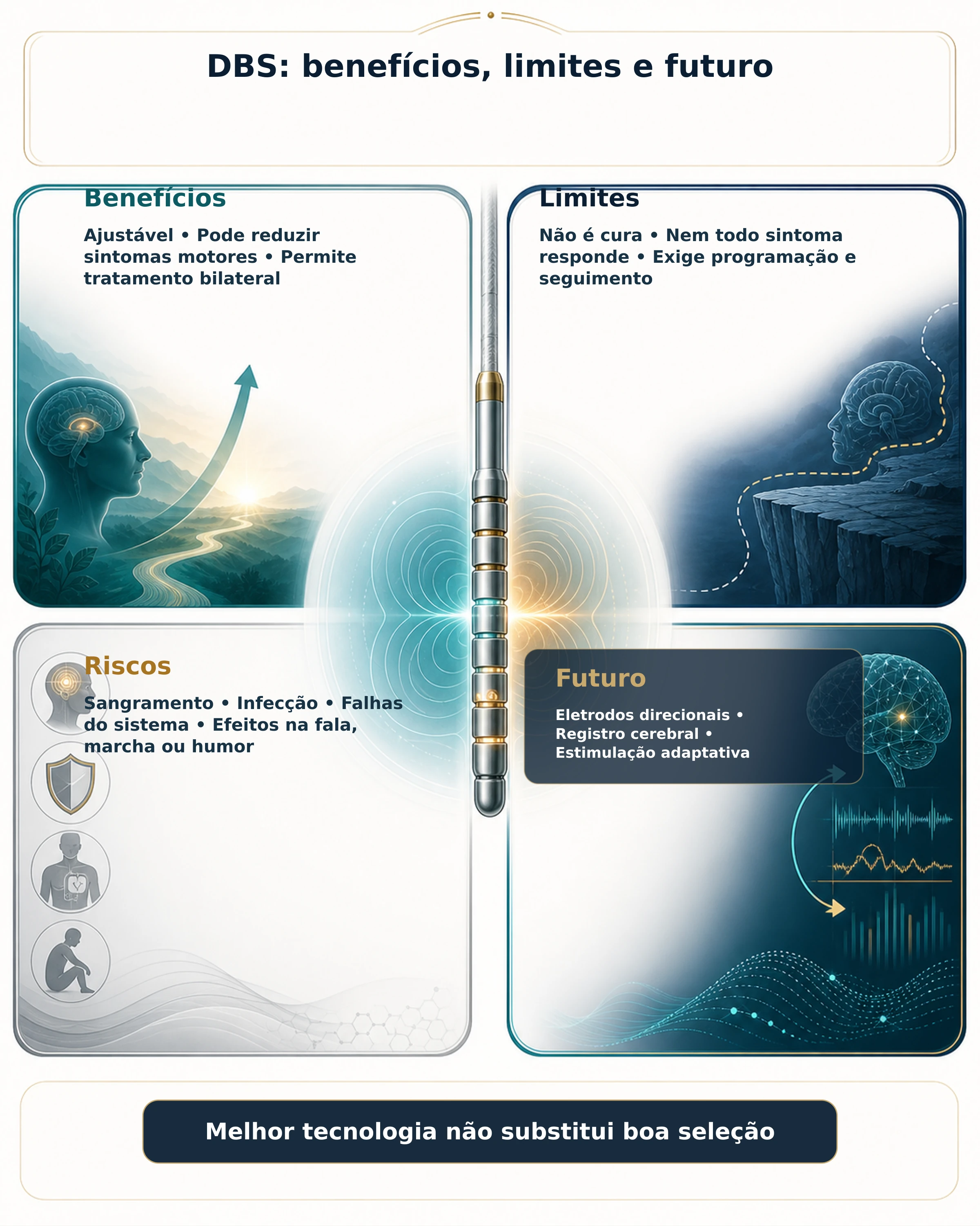 Infográfico comparando benefícios, limites, riscos e futuras tecnologias do DBS