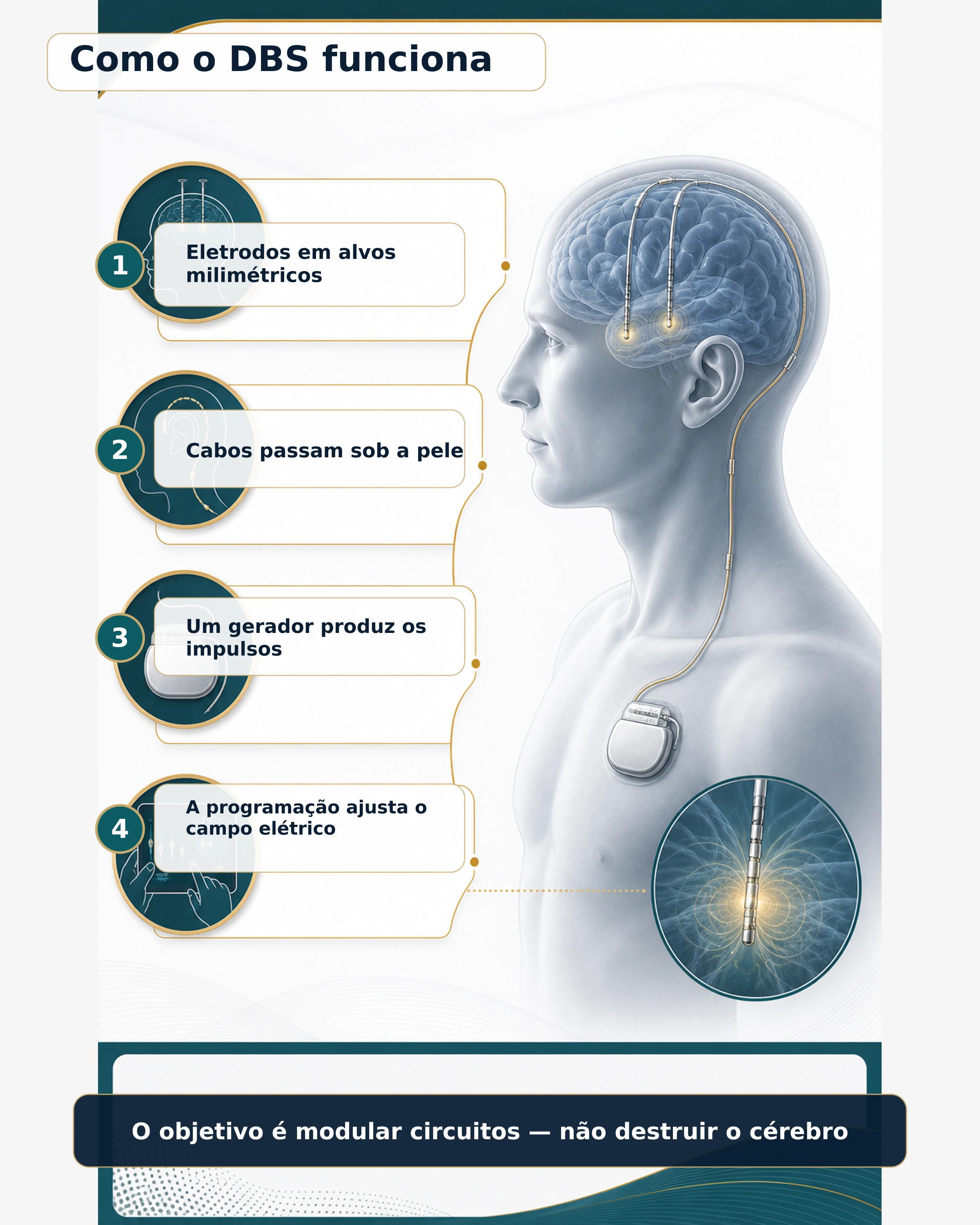 Infográfico mostrando eletrodos cerebrais, cabos sob a pele, gerador no tórax e programação do DBS
