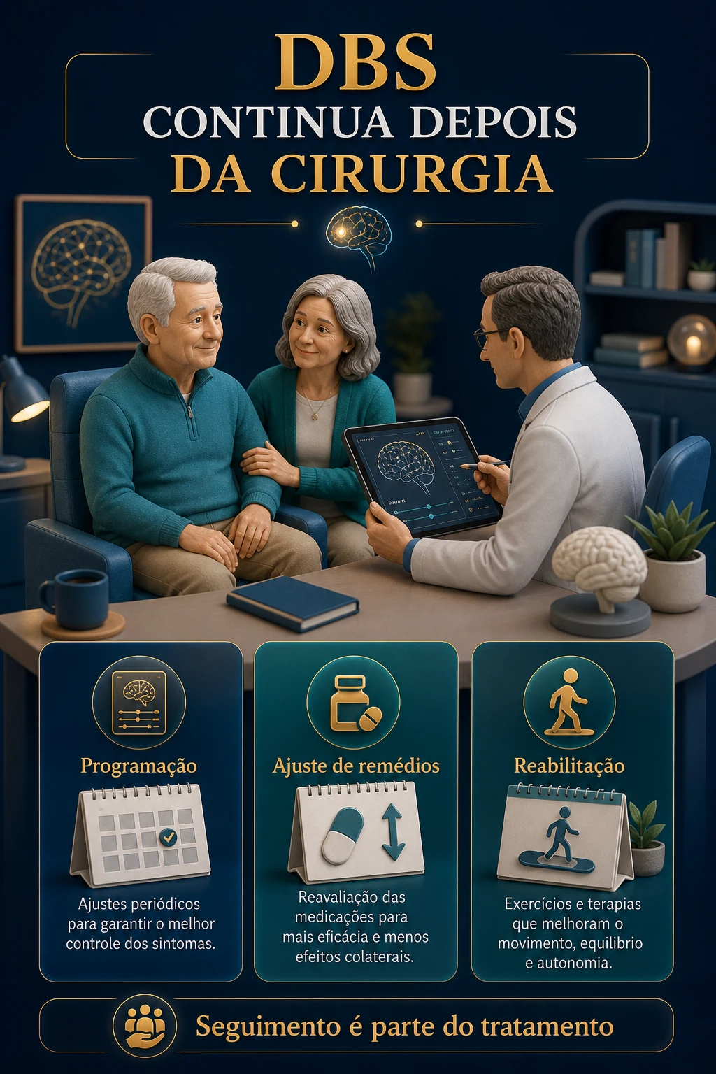 Infográfico em diorama mostrando acompanhamento após DBS com programação, ajuste de remédios, reabilitação e seguimento.