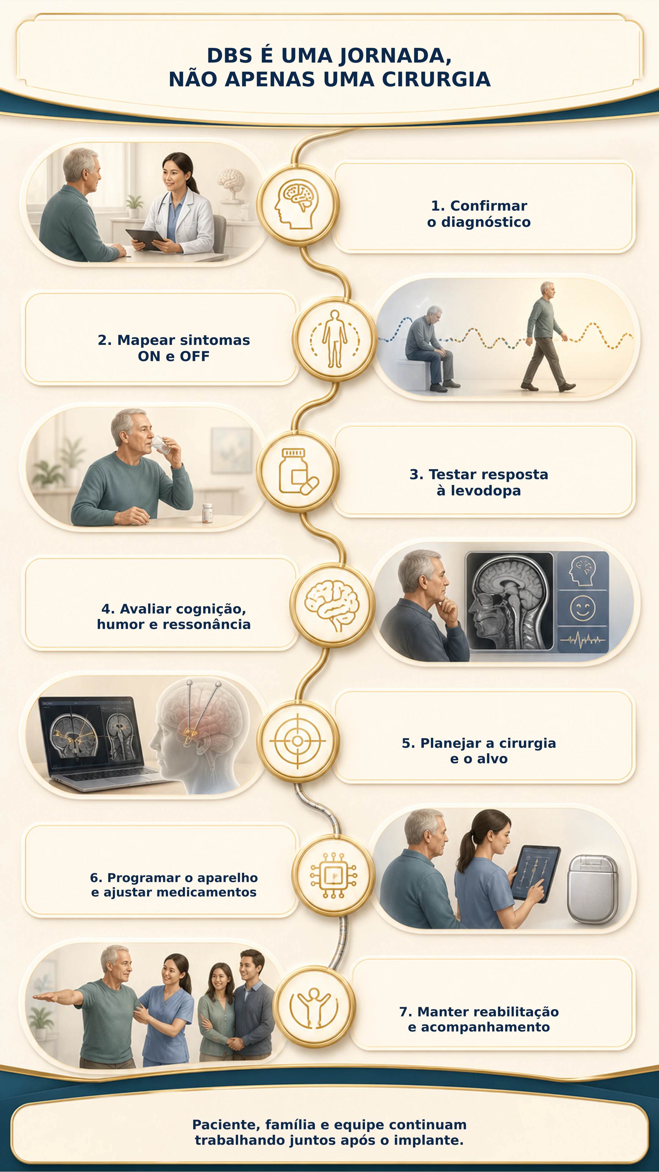 Infográfico mostrando as sete etapas da jornada de avaliação, cirurgia, programação e acompanhamento da DBS