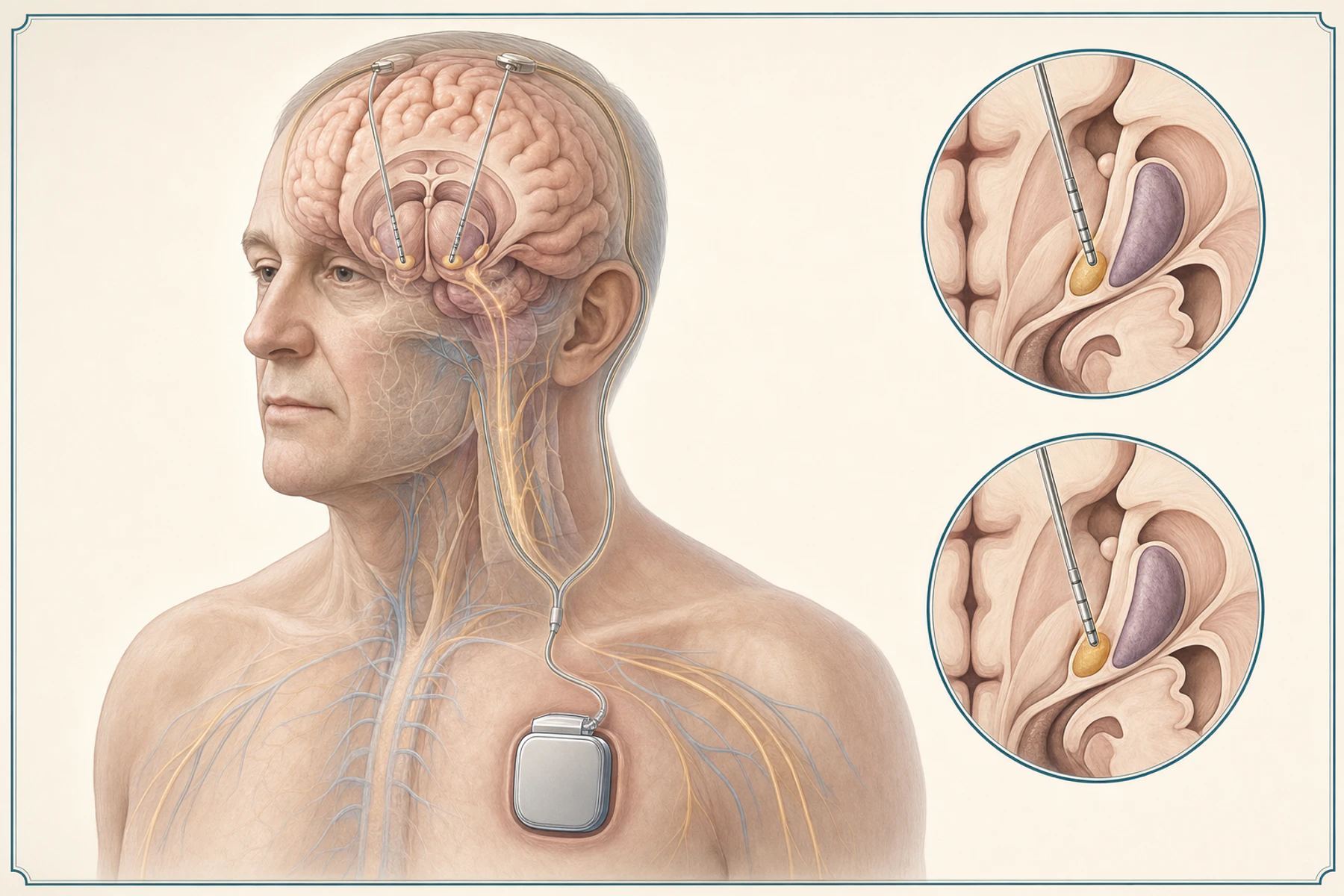 Ilustração médica mostrando os eletrodos, as extensões subcutâneas e o gerador da estimulação cerebral profunda