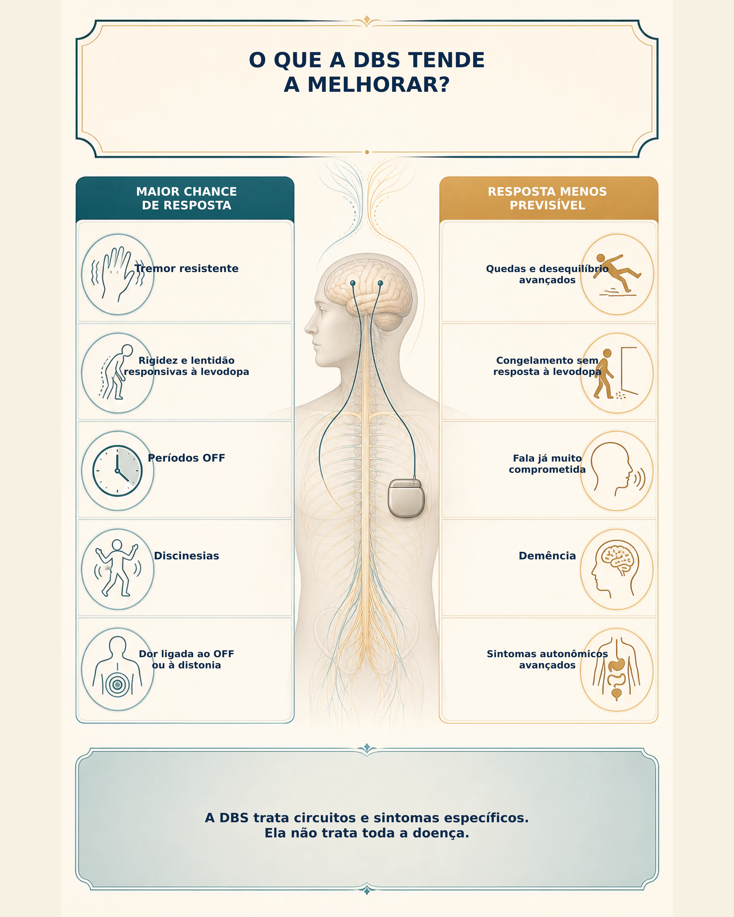 Infográfico comparando os sintomas com maior chance de resposta e aqueles com resposta menos previsível à DBS