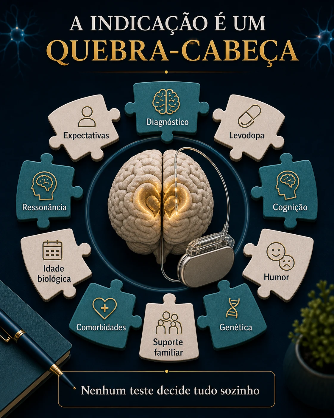 Infográfico em diorama mostrando a indicação de DBS como um quebra-cabeça com diagnóstico, levodopa, cognição, humor, ressonância, idade biológica, comorbidades, genética, suporte familiar e expectativas.