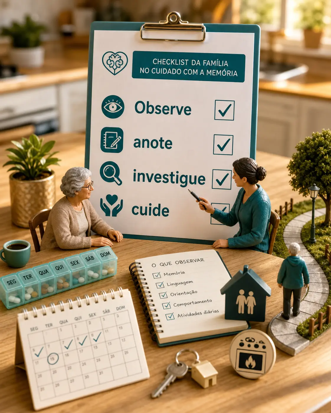 Diorama checklist com sinais de alerta, cuidador, calendário, caixa de remédios e casa segura em composição editorial