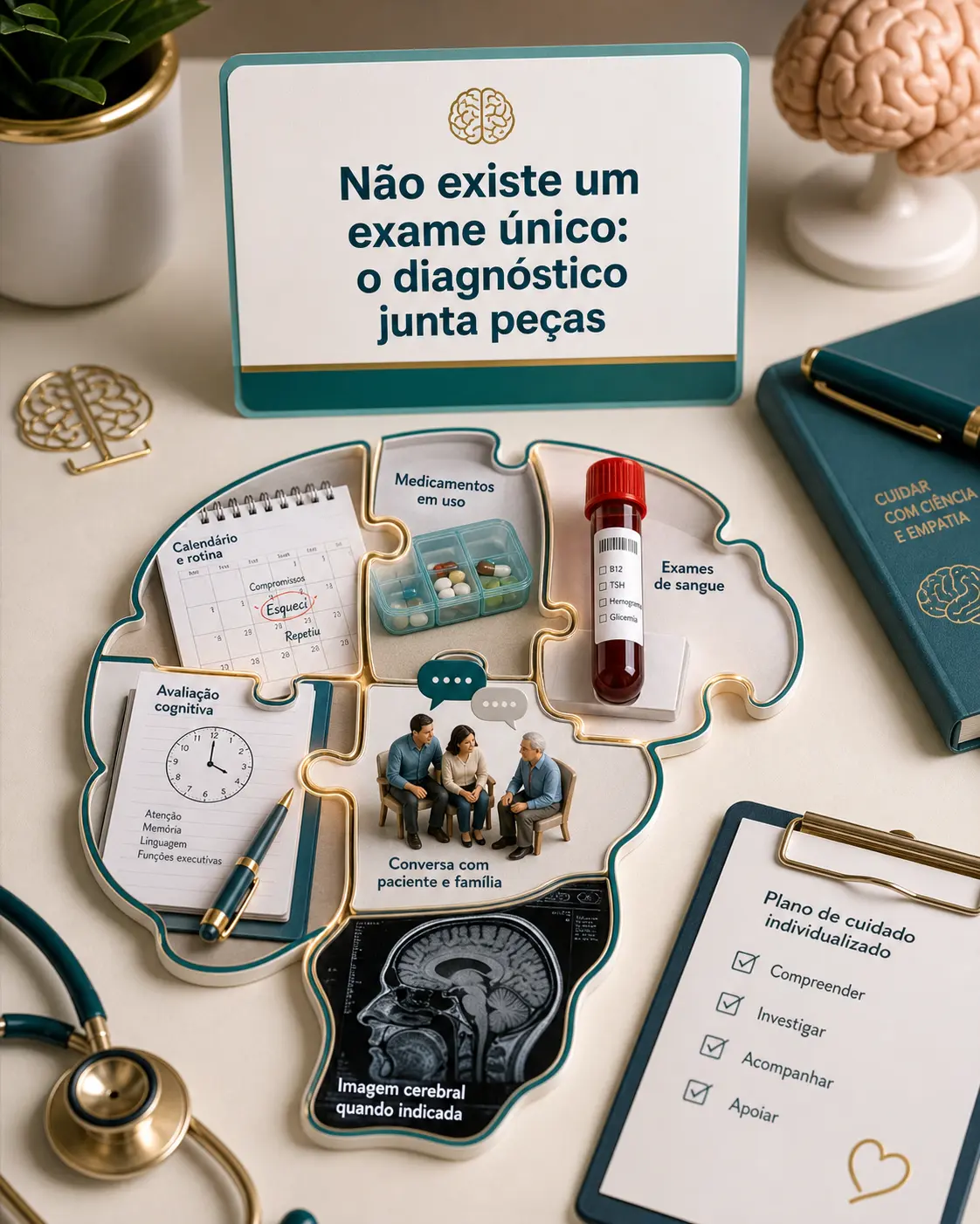 Diorama de investigação diagnóstica com lupa, calendário, caixa de remédios, exame de sangue e imagem cerebral em uma mesa médica limpa
