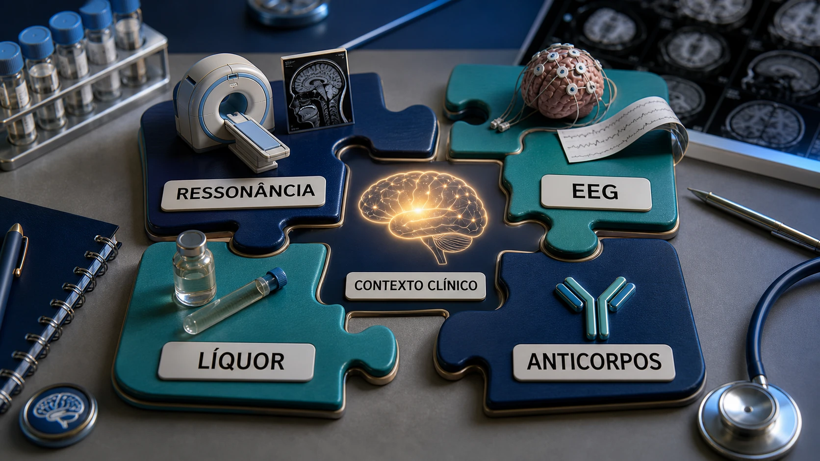 Diorama de laboratório neurológico mostrando ressonância, EEG, líquor e anticorpos