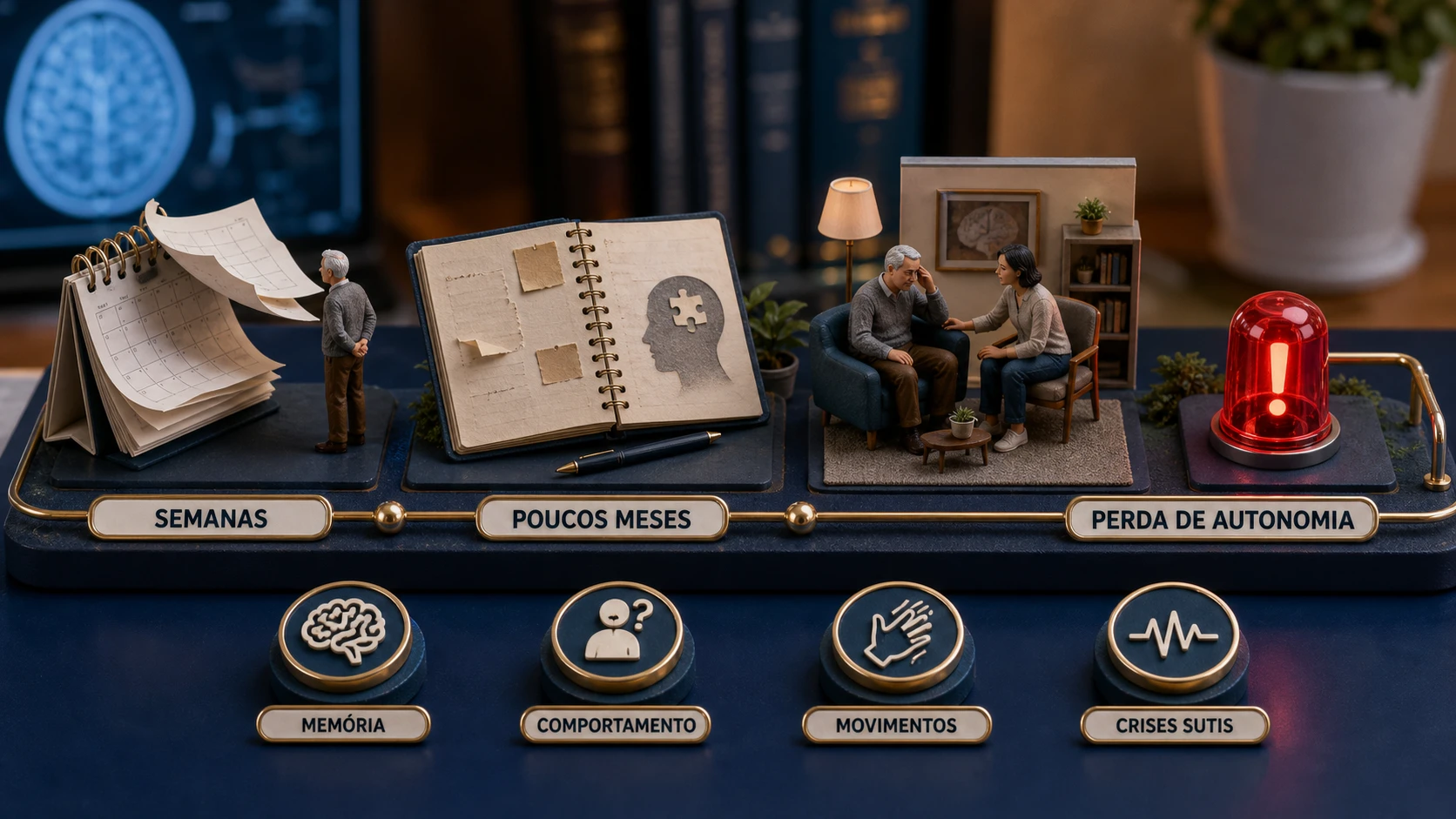 Diorama em linha do tempo mostrando piora cognitiva em semanas ou poucos meses