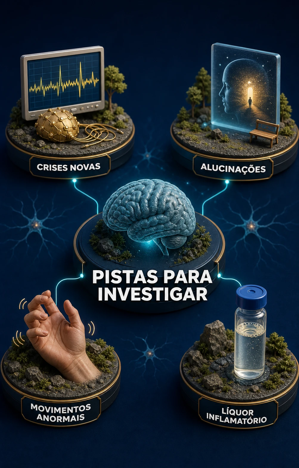 Diorama médico mostrando pistas clínicas de encefalite autoimune em demência rapidamente progressiva