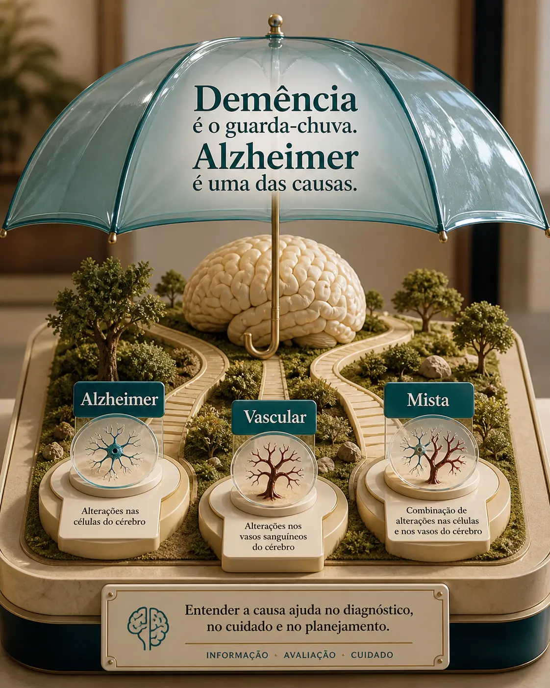 Diorama comparando Alzheimer, demência vascular e demência mista como três caminhos diferentes dentro de um mesmo cérebro