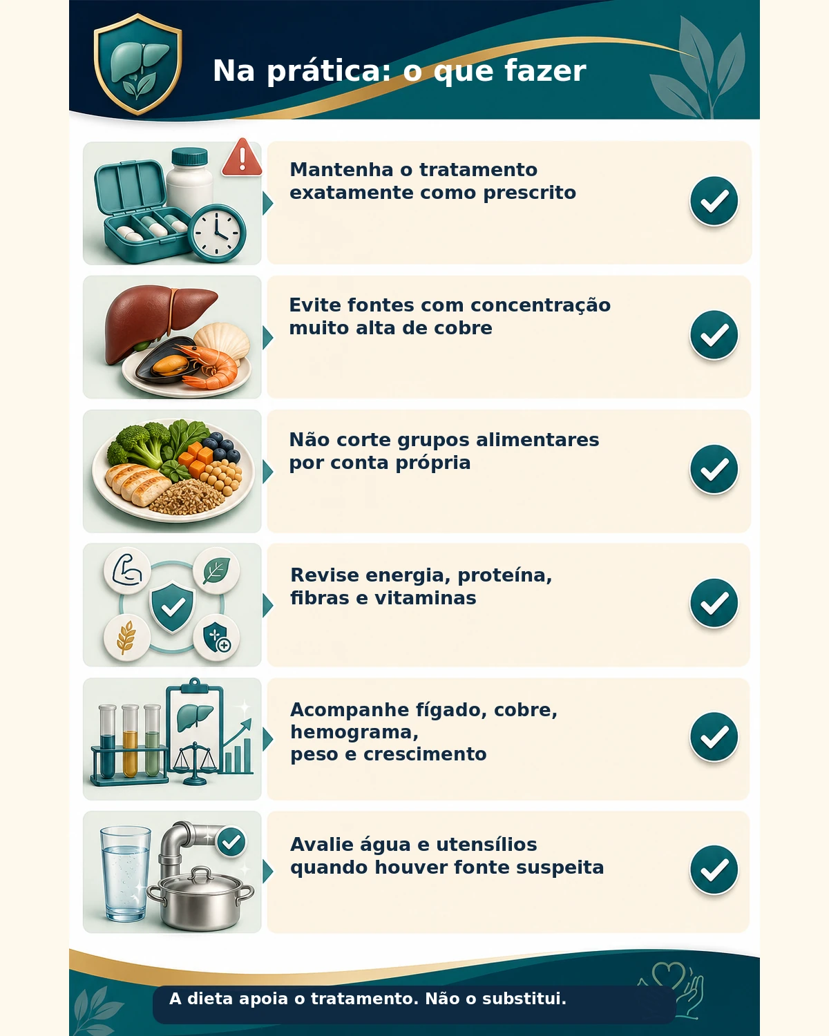 Checklist prático sobre tratamento, alimentação equilibrada, monitoramento e fontes ocultas de cobre