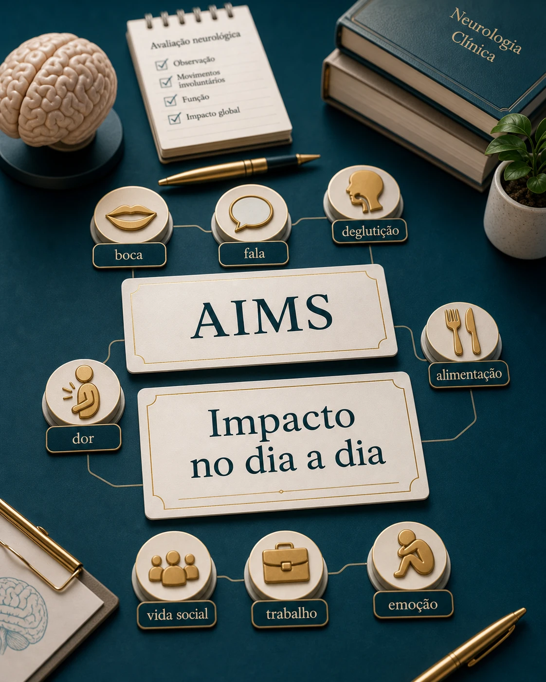 Diorama médico mostrando avaliação da discinesia tardia com AIMS e impacto no dia a dia