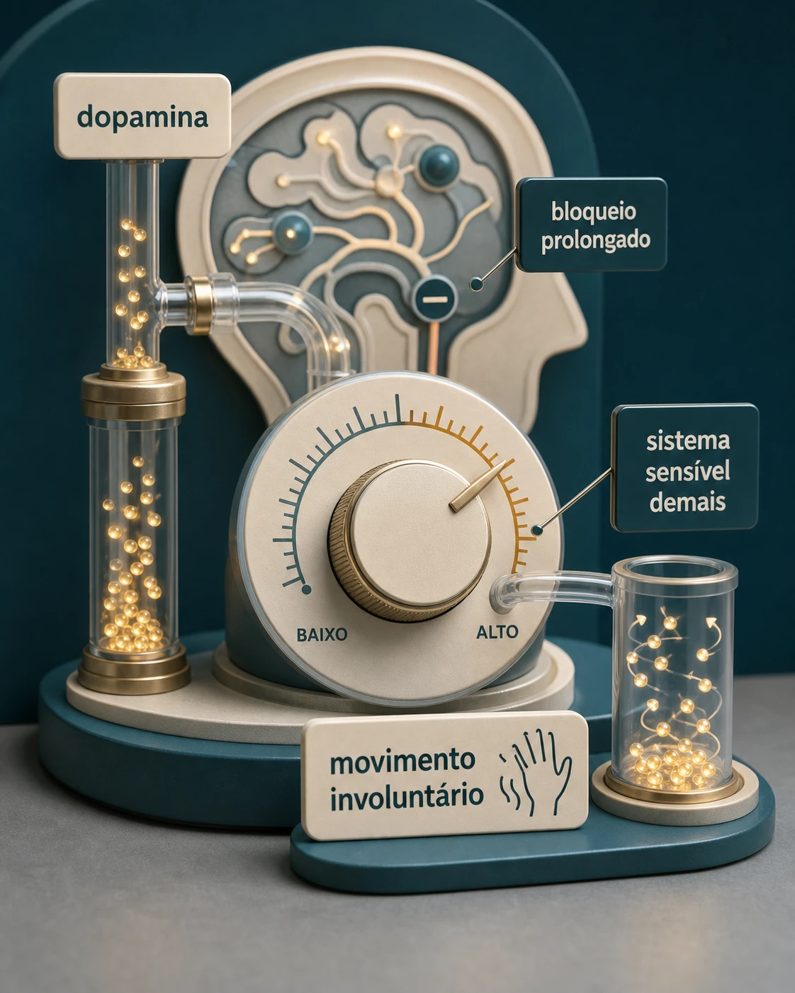 Diorama médico explicando dopamina, bloqueio prolongado e sistema de movimento sensível demais na discinesia tardia