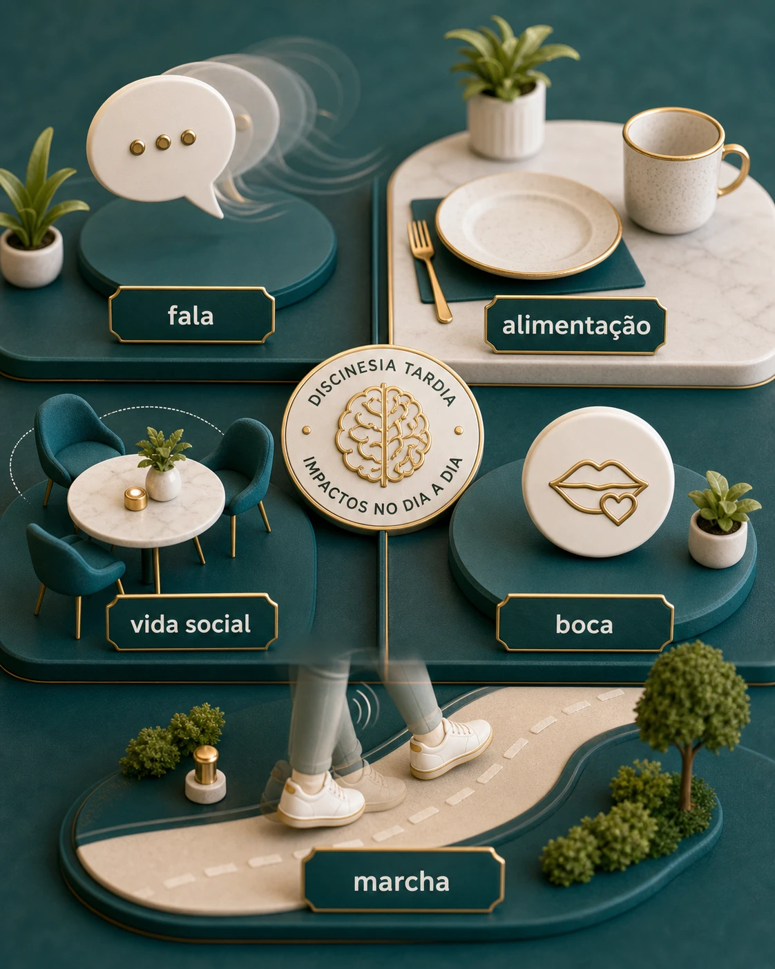 Diorama médico mostrando impactos da discinesia tardia na fala, alimentação, vida social, boca e marcha