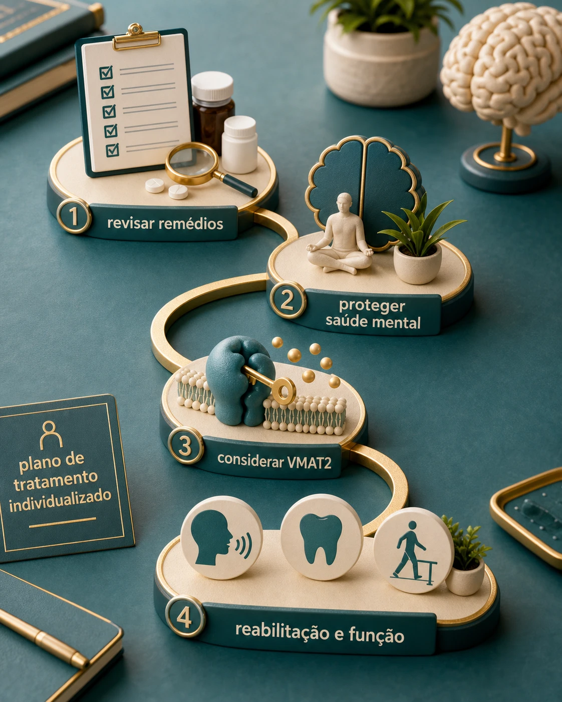 Diorama médico mostrando plano individualizado para discinesia tardia com revisão de remédios, saúde mental, VMAT2 e reabilitação