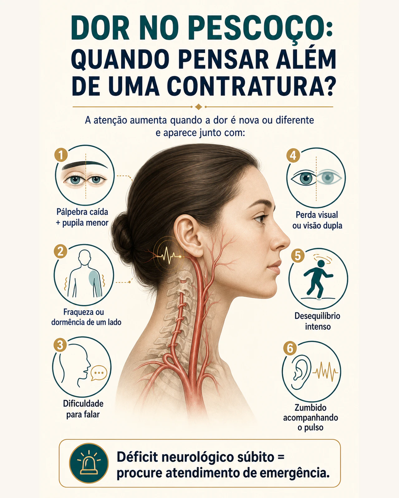 Infográfico mostrando os principais sinais de alerta para dissecção arterial cervical