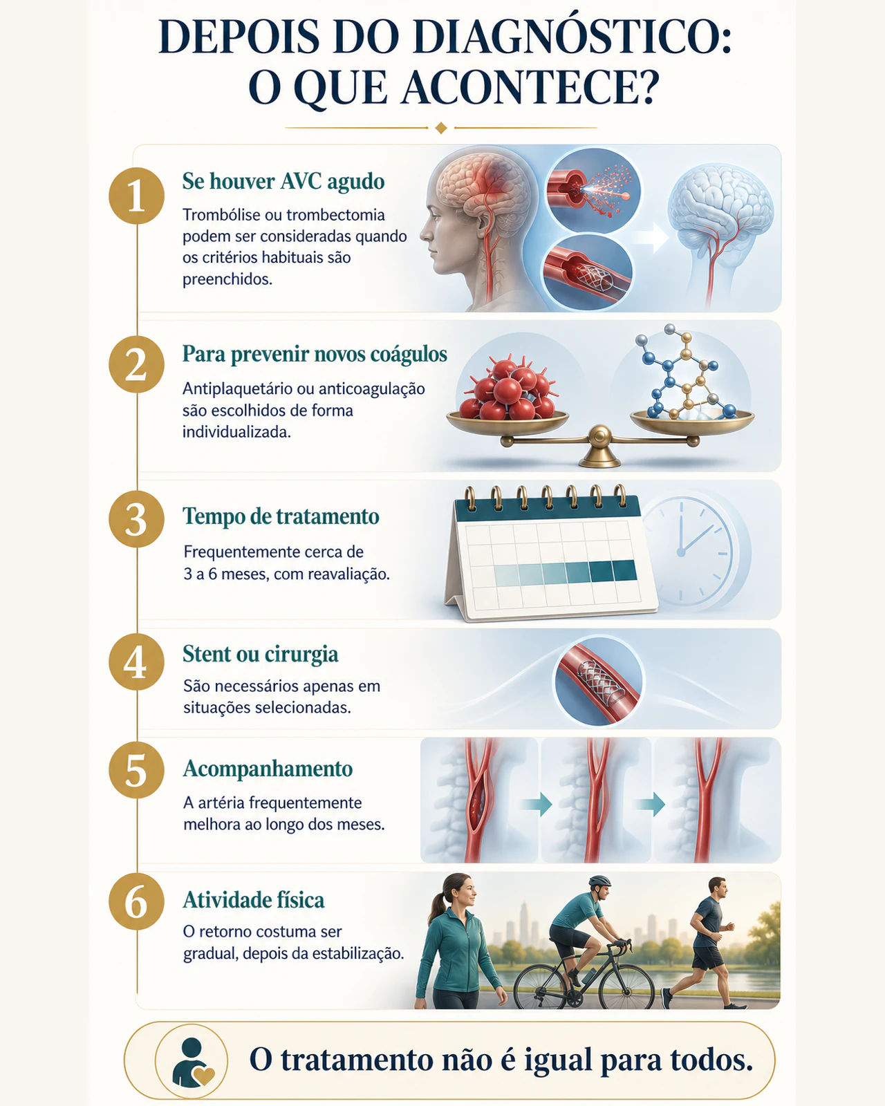 Infográfico resumindo tratamento, acompanhamento e retorno gradual às atividades após dissecção arterial cervical