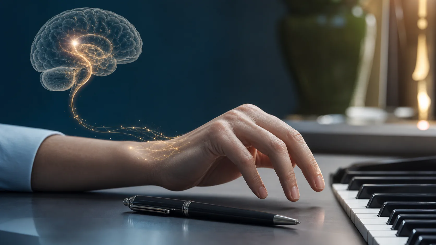 Mão próxima a caneta e teclas de piano com circuito neural luminoso sobre distonia tarefa-específica