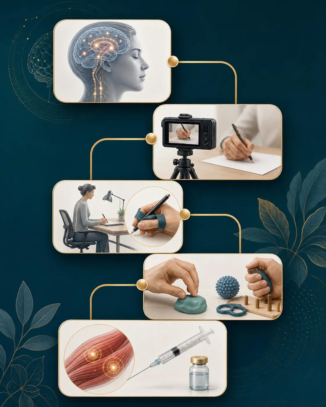 Infográfico de manejo: diagnóstico, reabilitação, toxina botulínica e prevenção de piora