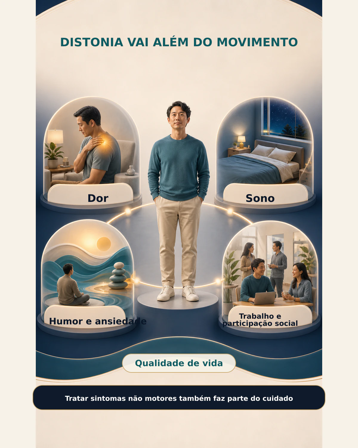 Infográfico mostrando dor, sono, humor, ansiedade, trabalho e participação social como partes do cuidado da distonia