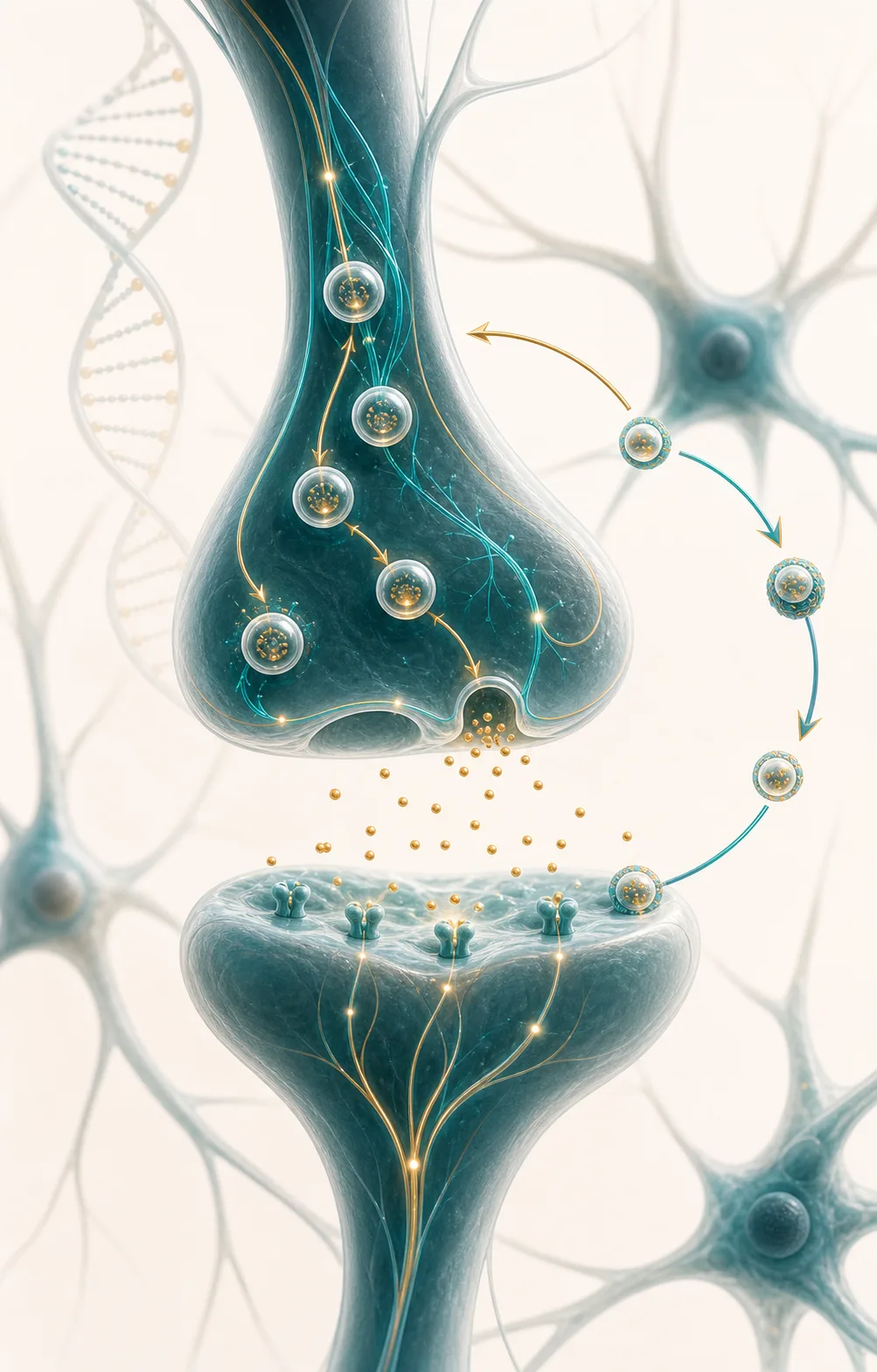 Infográfico explicando como o DNAJC6 participa da comunicação entre neurônios