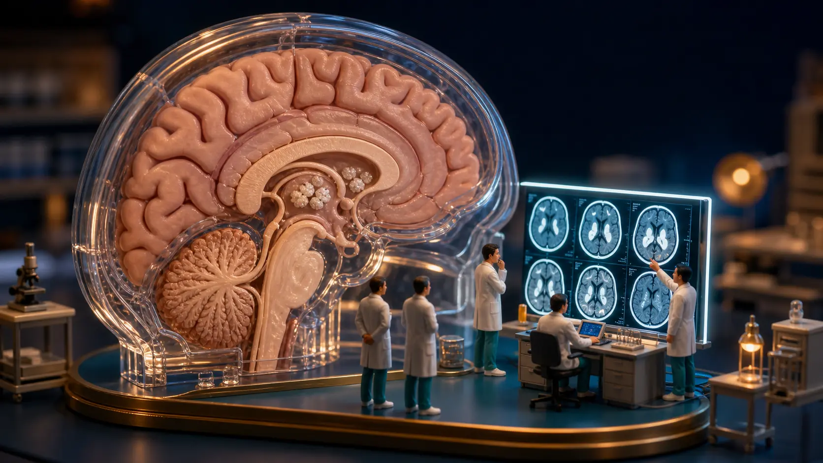 Diorama médico mostrando cérebro em corte com calcificações nos gânglios da base