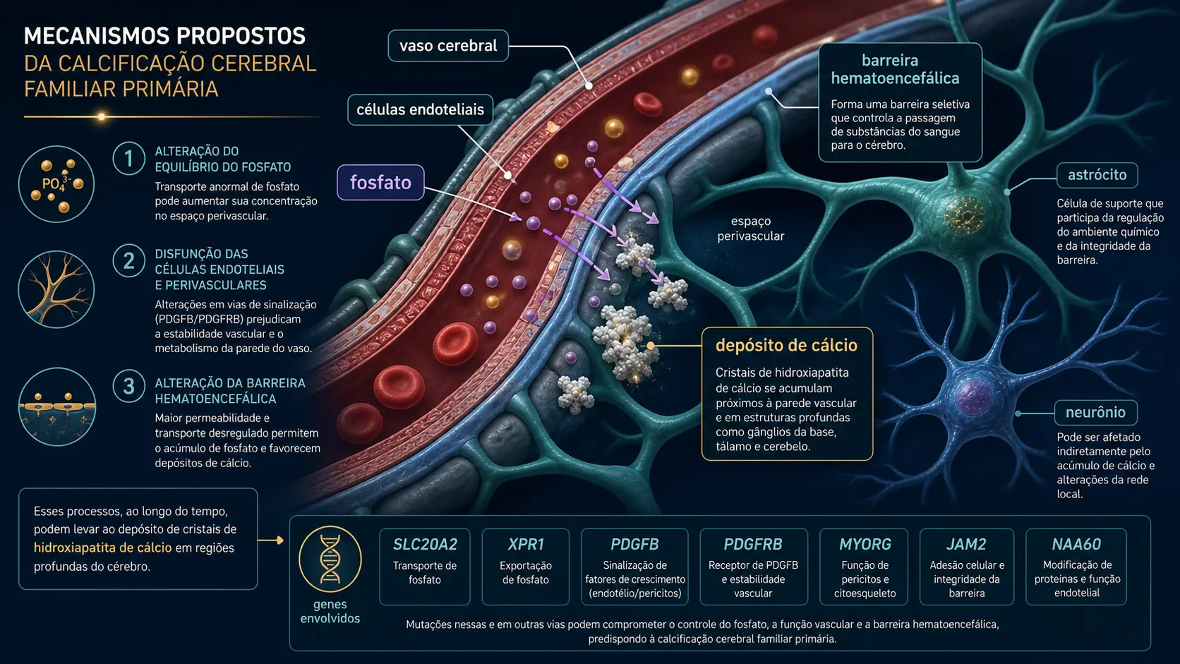Ilustração didática mostrando vasos cerebrais, barreira hematoencefálica, fosfato e depósito de cálcio
