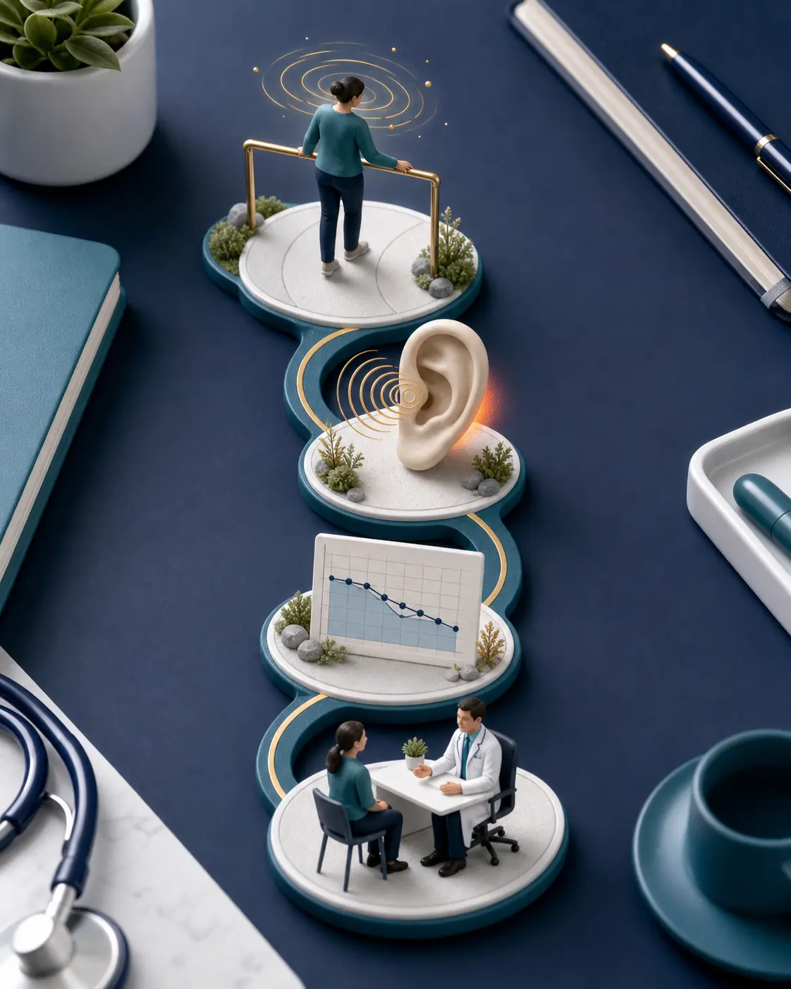 Diorama em formato de caminho clínico mostrando crise, audiometria, exclusão de causas parecidas e diagnóstico de Ménière