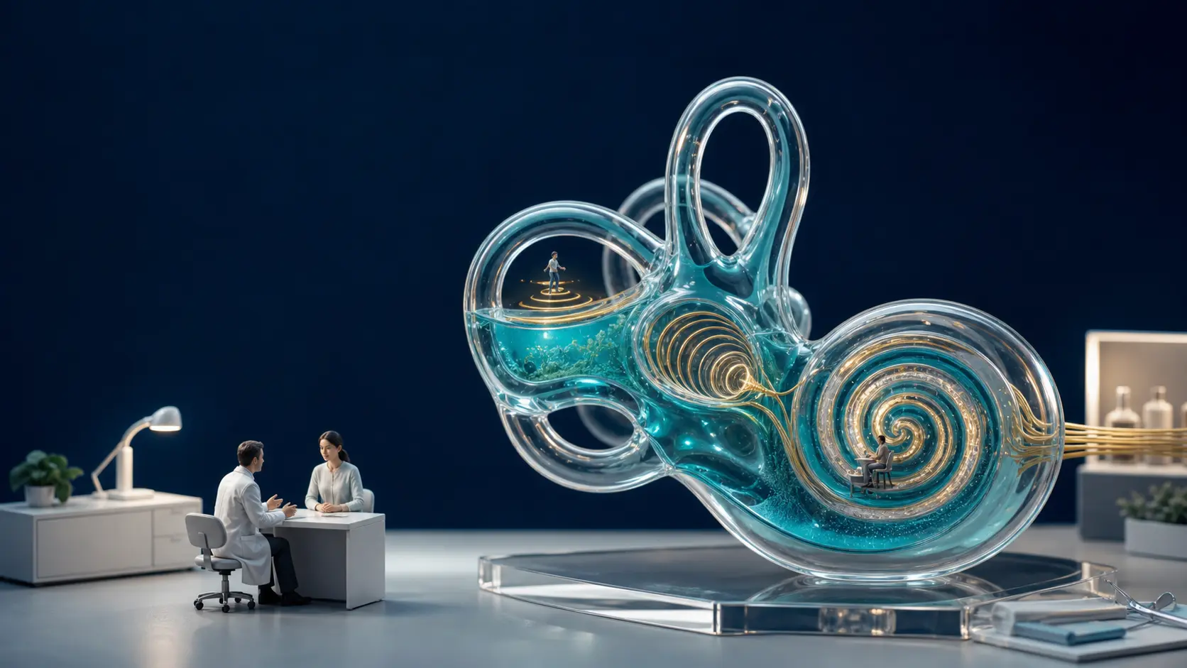 Diorama médico mostrando ouvido interno, vertigem e consulta clínica na doença de Ménière