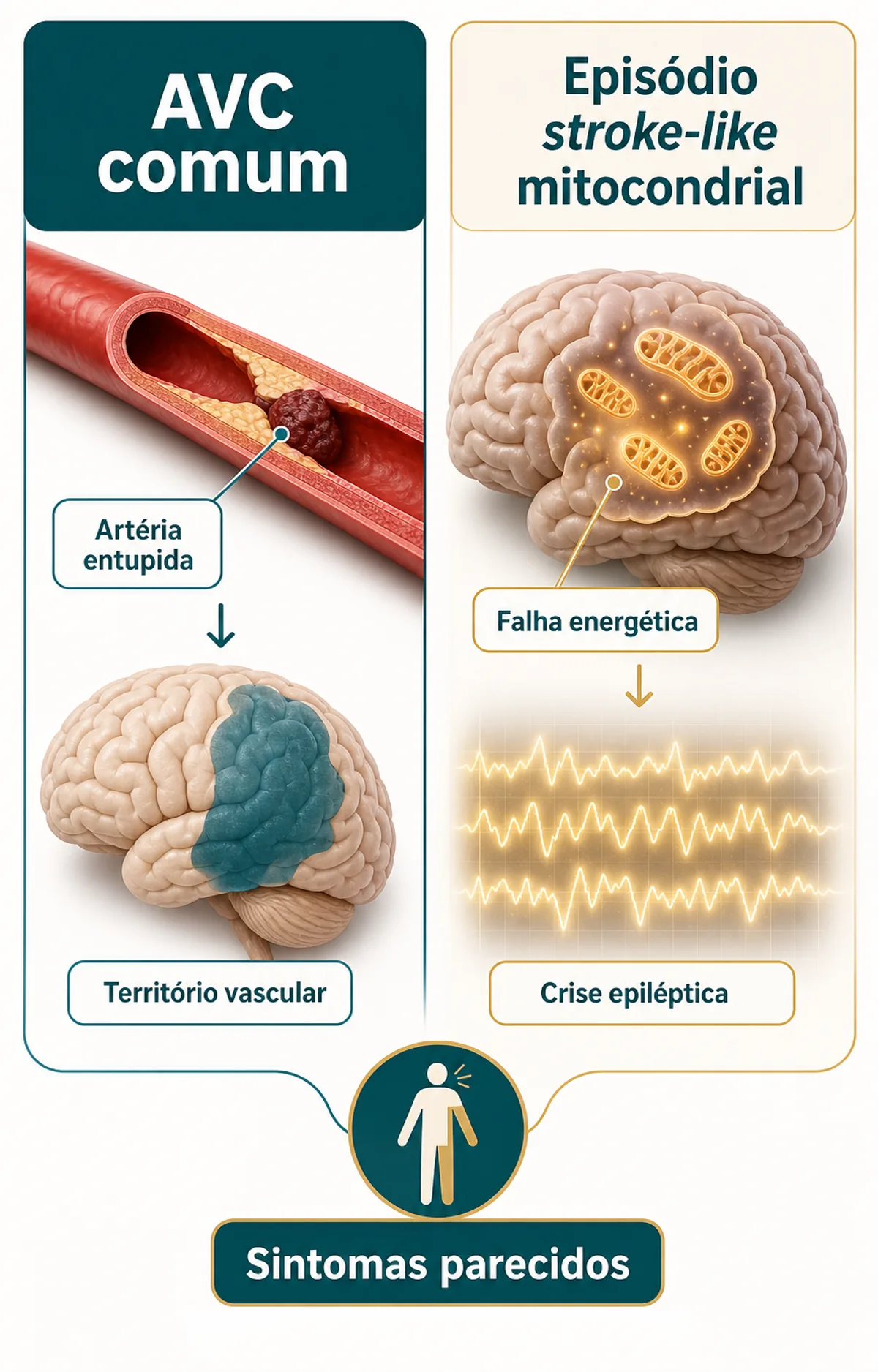 Infográfico comparando AVC comum e episódio stroke-like mitocondrial