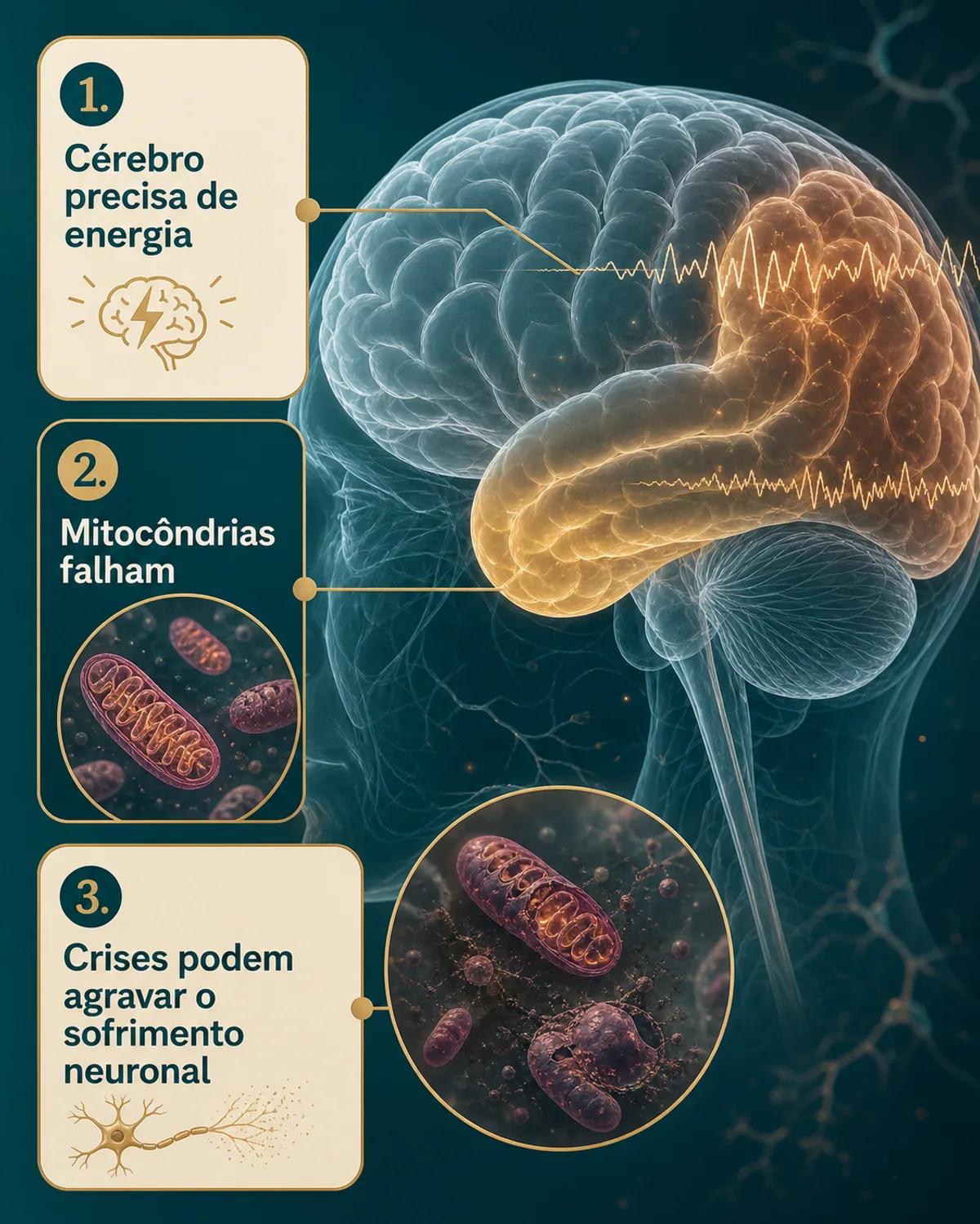 Ilustração didática mostrando cérebro, atividade epiléptica e falha energética mitocondrial