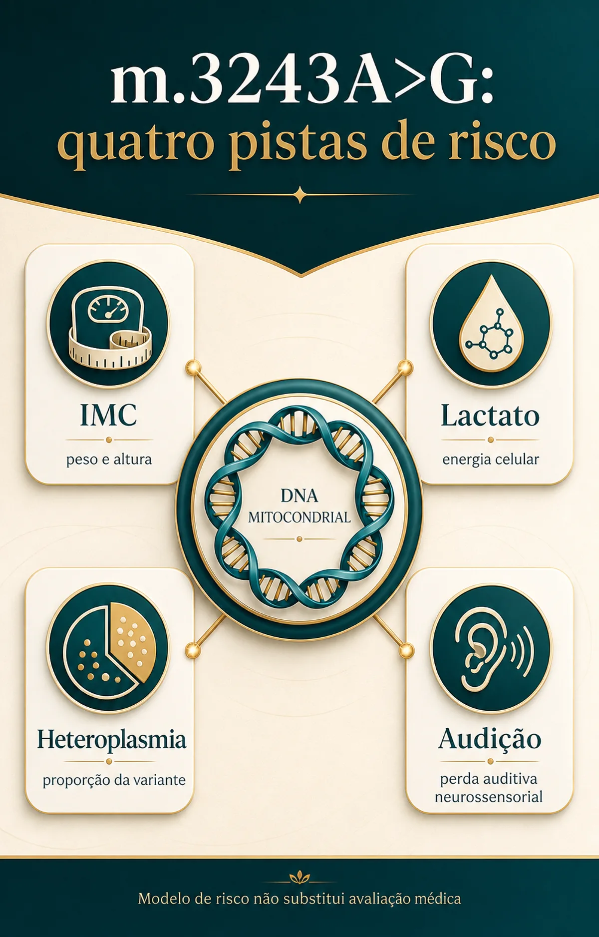 Infográfico com quatro fatores de risco em m.3243A>G: IMC, lactato, heteroplasmia e audição
