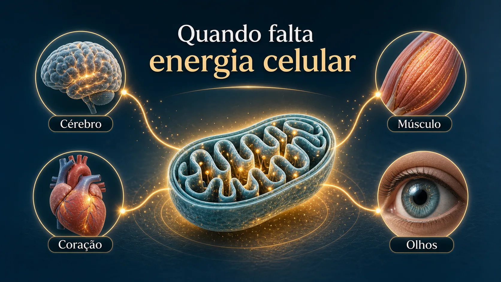 Ilustração médica mostrando uma mitocôndria como usina de energia celular ligada ao cérebro, músculo, coração e olhos.