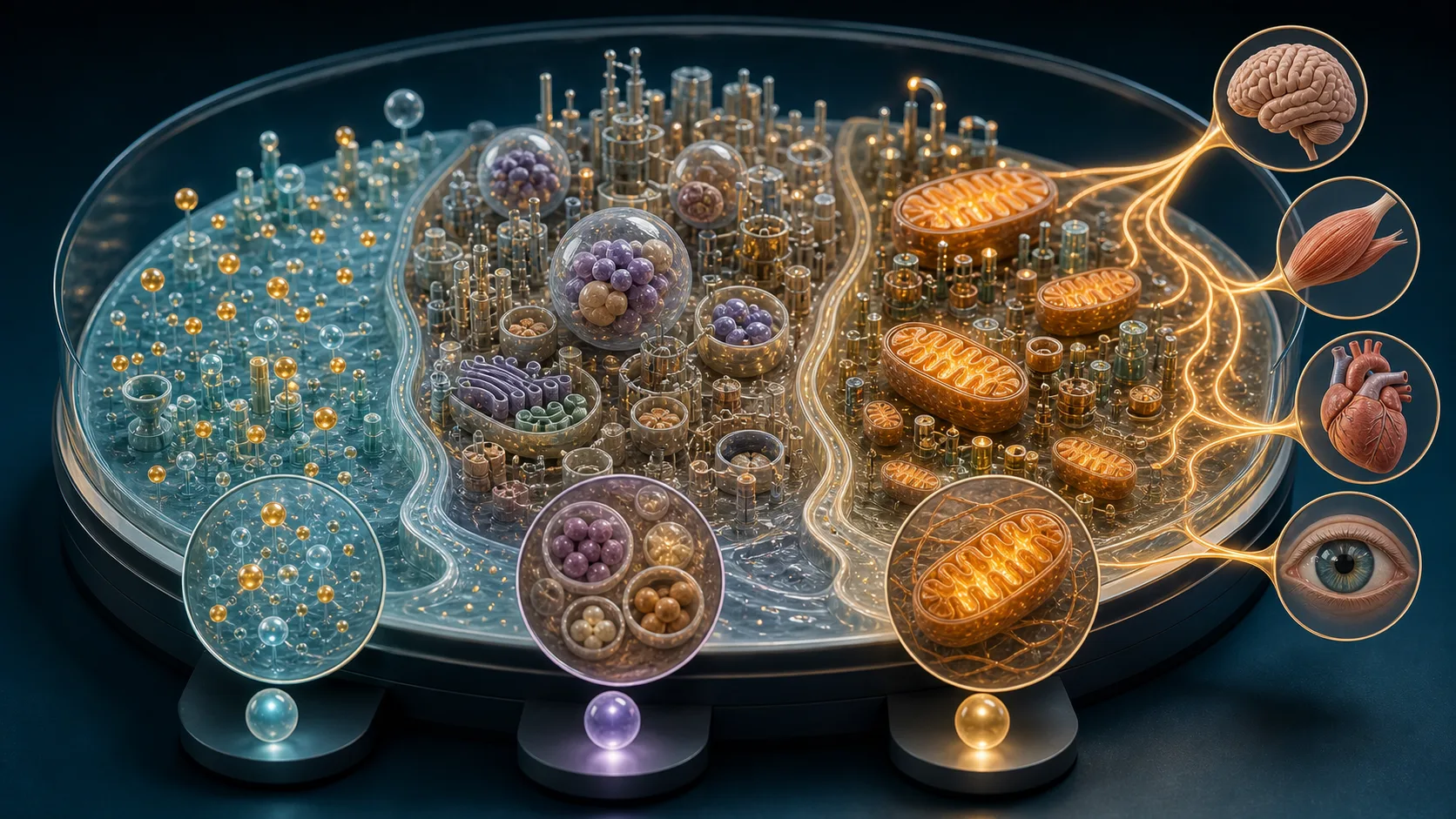Diorama médico mostrando uma cidade celular dividida em três áreas: moléculas pequenas, moléculas complexas e energia.
