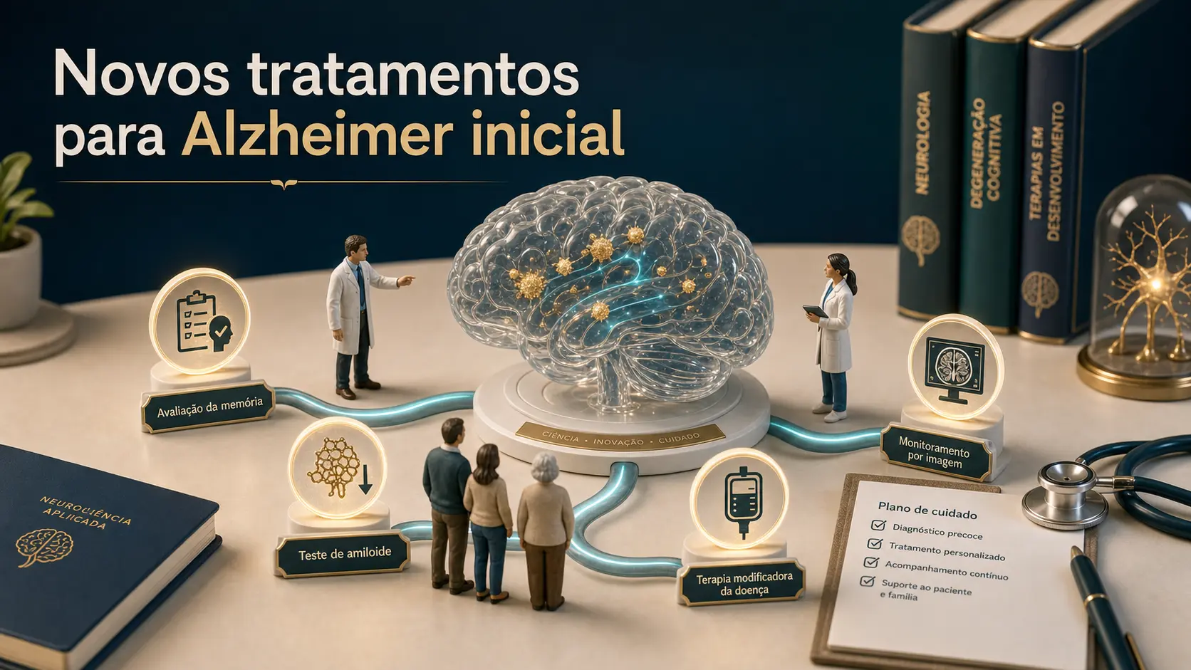 Diorama médico em quatro cenas mostrando avaliação de memória, placas amiloides, infusão intravenosa e monitoramento por ressonância no Alzheimer inicial