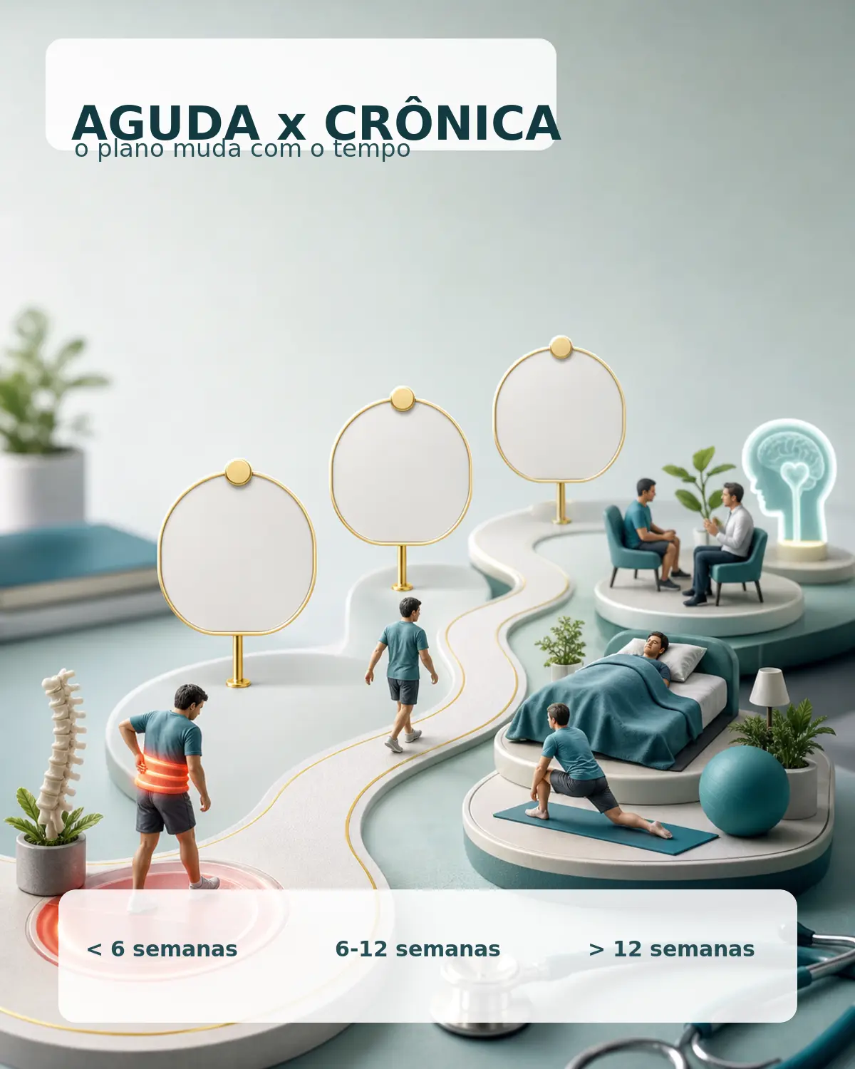 Diorama educativo comparando dor lombar aguda, subaguda e crônica em uma linha do tempo de recuperação