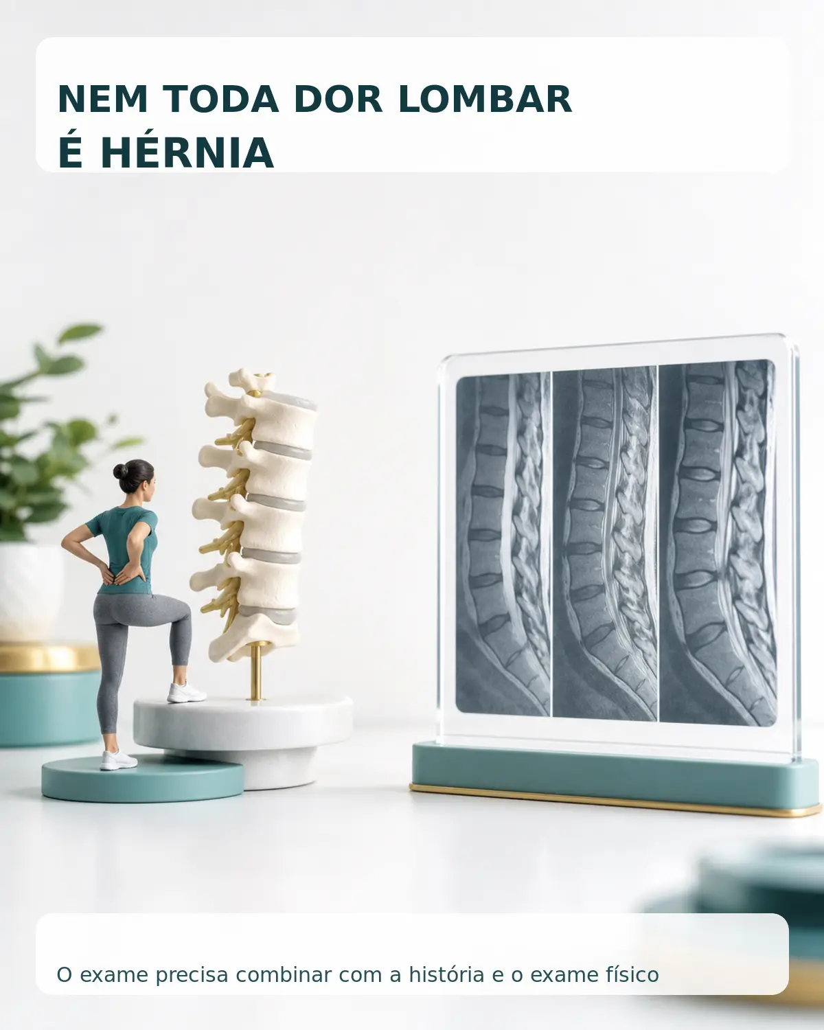 Diorama educativo comparando dor lombar inespecífica, dor irradiada e sinais de compressão nervosa
